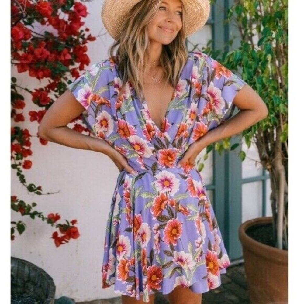 L*Space NWT Purple Multicolor Lost in Ibiza Floral Print Wrap Mini Dress Size M